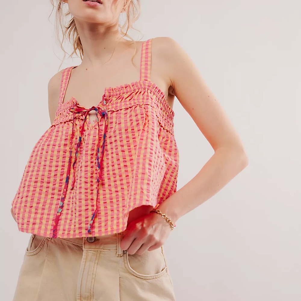 Free People Pink and Yellow Checkered Tank Top